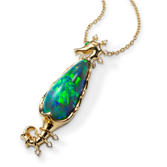 
  
    One of a Kind Australian Black Opal, Emerald and Diamond Seahorse Necklace
  
