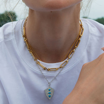 Fearless Shield with Turquoise and Pave White Sapphires and Gold Classic Infinity Necklace