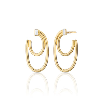 18K Gold Double Oval Galaxy Wrap Hoop Earrings with Baguette Diamond