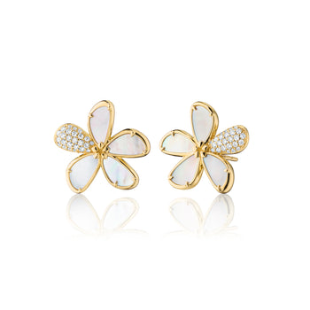 Mother of Pearl Flower Stud Earrings with Pavé White Diamonds