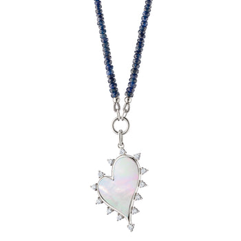 Large Mother of Pearl Heart Pendant on Blue Sapphire Gemstone Necklace