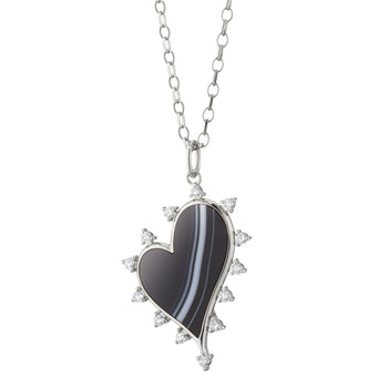 Large Black Agate Heart Necklace with White Sapphires