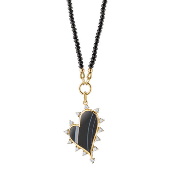 Large Black Agate Heart Pendant on Black Spinel Gemstone Necklace