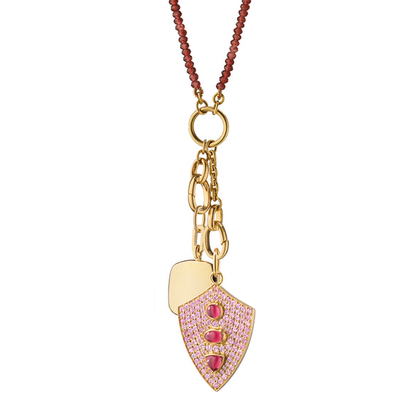 
  
    “Fearless” Rhodolite and Pave Pink Sapphire Shield and “Viv” Cushion Locket Charm Necklace
  
