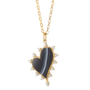 Large Black Agate Heart Necklace with Diamonds