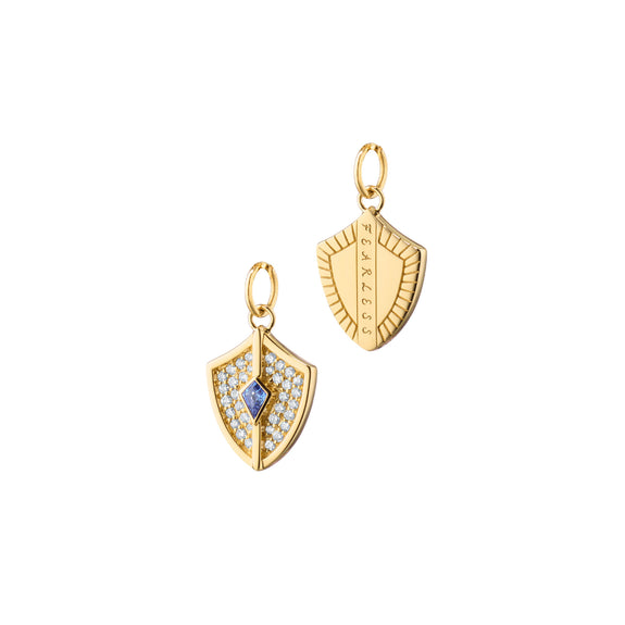 
  
    Mini Fearless Shield with Pave Diamonds and Kite Blue Sapphire
  
