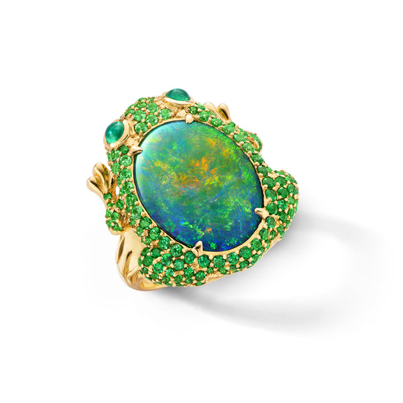 
  
    One of a Kind Australian Black Opal, Tsavorite and Emerald Frog Ring
  
