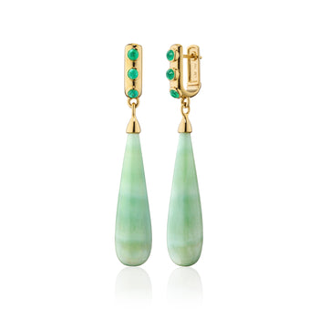 Special Edition Rings of Nebula Aragonite Drop Earrings with Faceted Emerald Cabochons