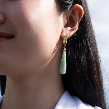 Special Edition Rings of Nebula Aragonite Drop Earrings with Faceted Emerald Cabochons