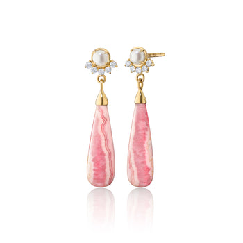 Special Edition Pink Clouds of Venus Rhodochrosite Drop earrings with Freshwater Pearls and Diamonds