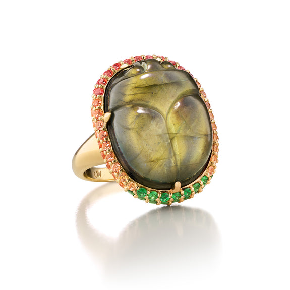 
  
    Special Edition Spectrolite Carved Scarab Ring with Orange and Yellow Sapphires, and Tsavorite
  
