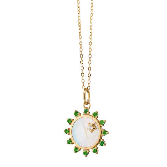 
  
    Mini Mother of Pearl Emerald Sun Charm
  
