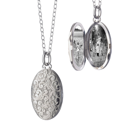 Oval Floral Locket Necklace Sterling Silver