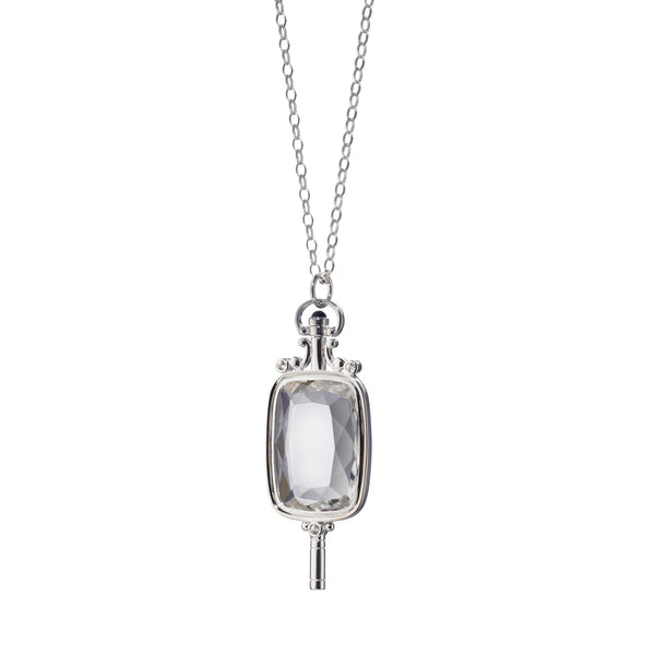 Mini Oval Pocket Watch Key Necklace in Rock Crystal - 47330-WHITE