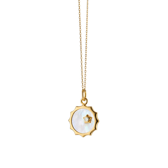 
  
    Mother of Pearl Sun and Star Charm on a Gold Diamond Cut Chain
  
